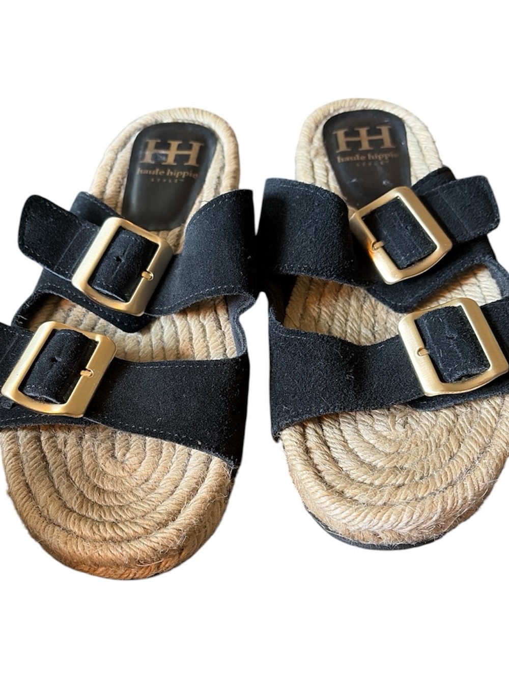 Haute Hippie Black Suede Double-Buckle Espadrille Slides Size 8